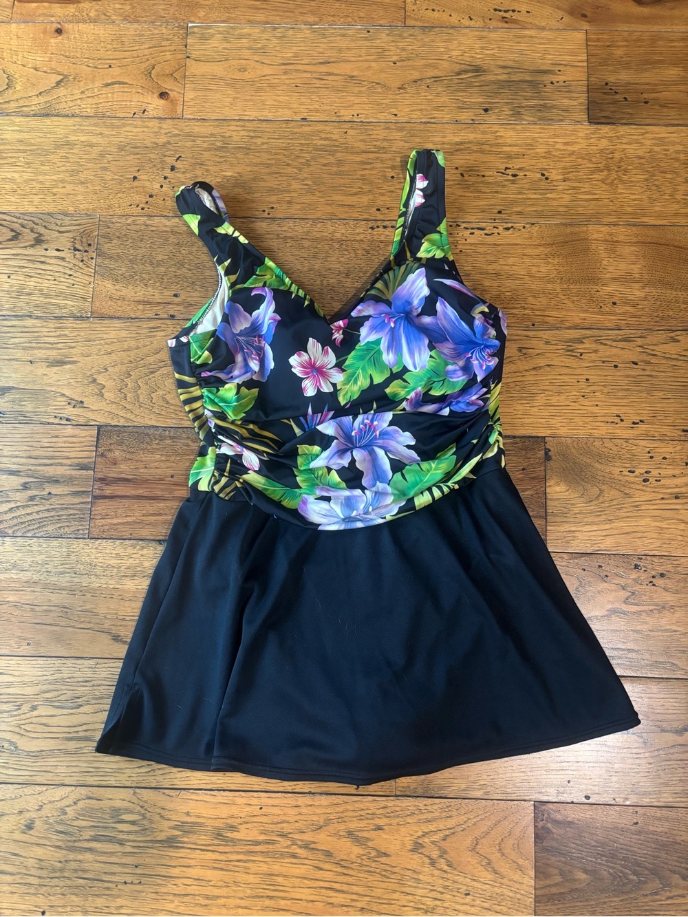 Vintage Women's Black Floral One-Piece Swim Dress with Purple & Green Bloom